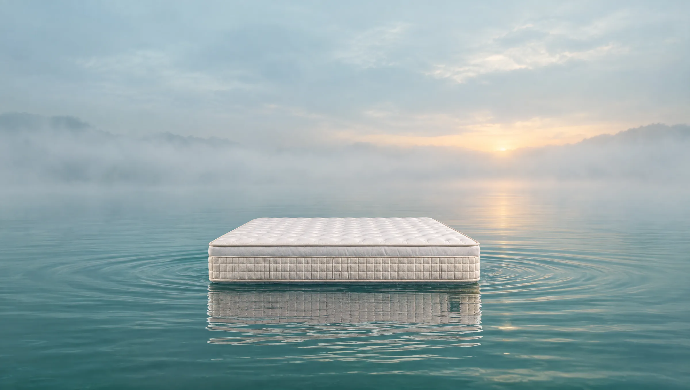 The Halcyon mattress floating on calm misty water at dawn