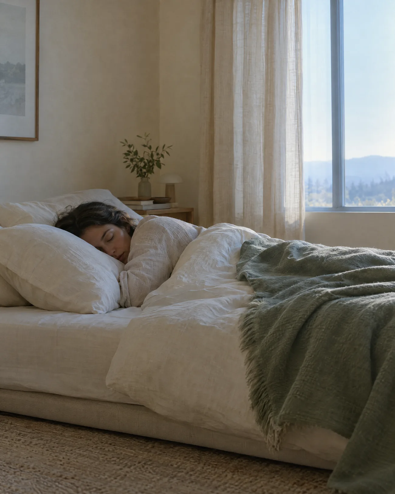 A person sleeping peacefully on a Halcyon mattress in morning light
